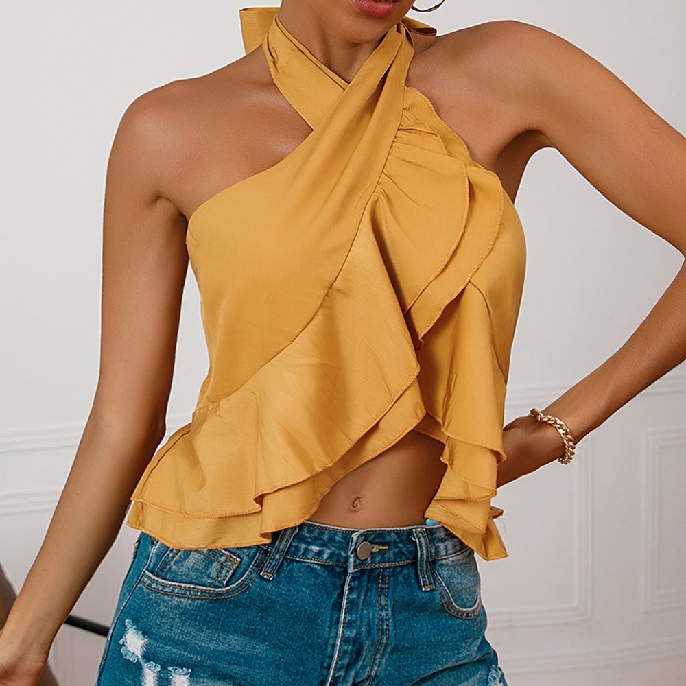 Boho Yellow Criss Cross Halter Ruffle Summer